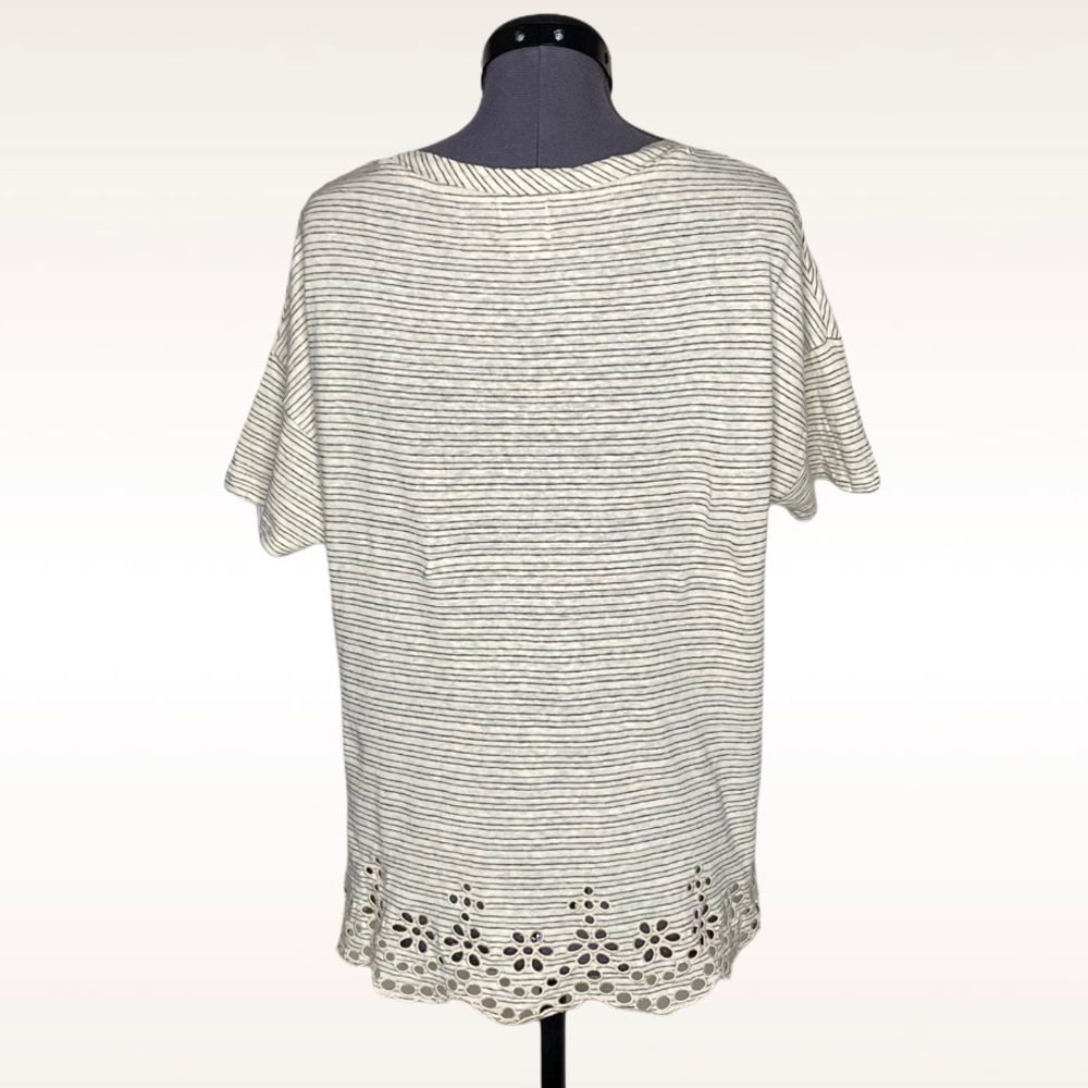 Anthro Postage Eyelet Trimmed Hem Striped Short Sleeve Casual Tee Top - Picture 6 of 8